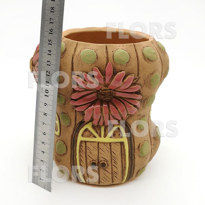 Кашпо керамика Кактус с цветком терракотовый